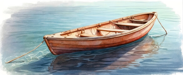 Wall Mural - A singular empty wooden boat floating calmly on reflective blue waters under a subdued sky