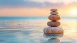 Tranquil zen stones embraced by sunset reflections in serene waters, creating a peaceful ambiance