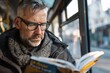 An adult man with a focused expression reading a book or magazine on the bus, immersing himself in a story and passing the time with anticipation for his vacation destination