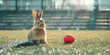 Easter bunny with a red Easter egg at the rugby stadium. Symbol of the Easter holiday. Spring time.
