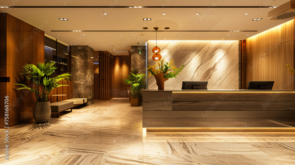 Interior of luxury hotel lobby with reception desk and relax zone for ...