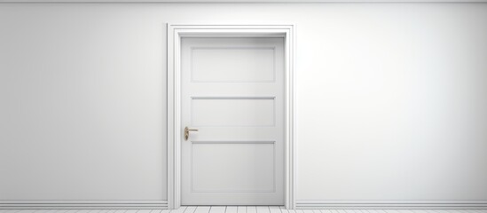 Poster - A minimalist room featuring a white door with a wooden handle, along with a white wall. The room is located in a modern building with tinted windows
