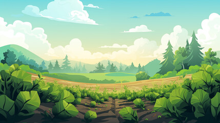 Wall Mural - Illustration vectorielle de champs, cultures, avec belle vue, paysage. Arbre, nature, agriculture. Pour conception et création graphique.