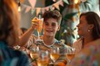 A teenage boy raising a toast with a glass of sparkling juice, surrounded by friends and family, the room decorated with banners and streamers for the festive occasion