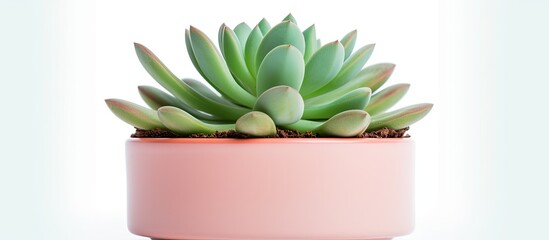 Poster - A terrestrial plant with symmetrical pink leaves in a flowerpot, set against a white rectangle background. This houseplant serves as a fashion accessory and natural material art piece