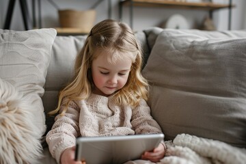 A blonde 7-year-old girl looks at the tablet on the sofa in the living room