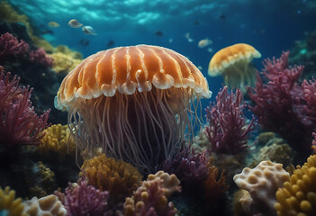 Luminous Jellyfish Glide Through the Abyss of the Deep Blue Ocean. Ethereal Jellyfish Dance in the Abyss of Ocean Blue backgroun.