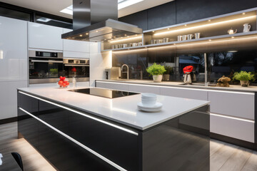 Poster - Luxurious Modern Kitchen with White Furniture: A Contemporary Reflection of Elegance.