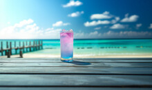 Cocktail Alcoholic Drinks Multi Colored On The Reflective Surface Of Bar Counter. Blurred Crystal Clear Water White Sand Beach On Background At Summer In Carribean At Beach 