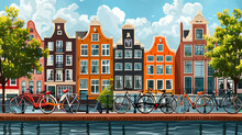 Illustration Of Amsterdam Canals With Bicycles And Colorful Houses