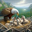 An adult bald eagle is perched at the edge of a nest, feeding a fish to one of four eager eaglets in a lush forest setting with a river extending into the distance
