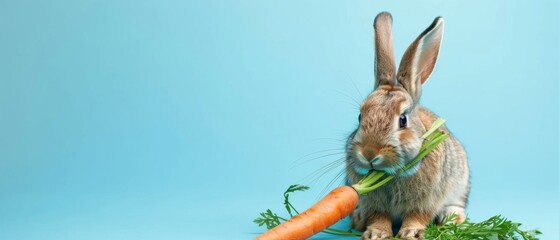 Wall Mural - Easter holiday celebration banner greeting card - Easter bunny rabbit, eating a carott, isolated on blue background