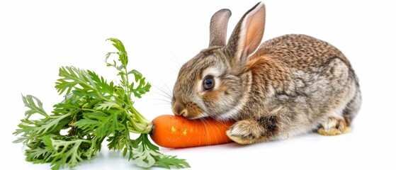 Wall Mural - Easter holiday celebration banner greeting card - Easter bunny rabbit, eating a carott, isolated on white background.