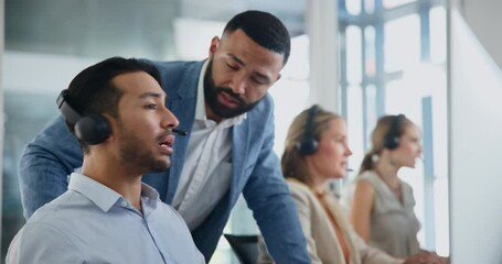 Poster - Call center, manager and man consultant in office with online ecommerce consultation for collaboration. Contact us, computer and confused telemarketing agent talking to mentor for help in workplace.