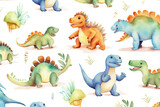 Fototapeta Dinusie - seamless illustration background tile white cute pattern Baby watercolor children's nosaurs