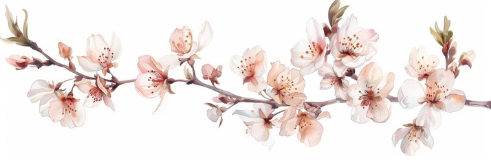 watercolor illustration of a branch of a blossoming peach on a white background, spring flowers