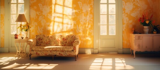 Wall Mural - A cozy living room in a wooden house with a couch by the window, an amber lamp, and a potted plant. Sunlight filters in through the window, casting a warm glow on the flooring