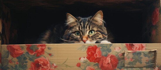 Wall Mural - A carnivore from the Felidae family, the cat is peeking out of a cardboard box. With whiskers and a snout, its a small to mediumsized cat in a plantfilled event, surrounded by grass and trees