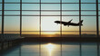 Silhouette of a plane taking off or landing in sunset sky from empty airport lobby, concept of taking off, start up, travel, go back home, with copy space.