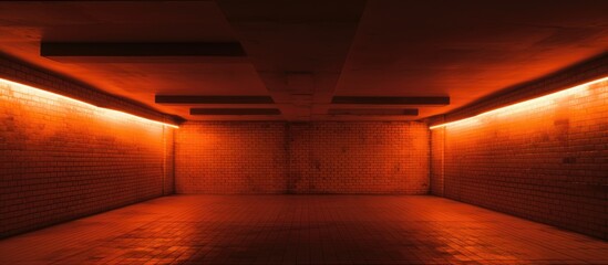 Sticker - An empty room with red lights on the ambertinted walls and ceiling. The wood flooring contrasts with the fiery fixture, creating a symmetrical road through the darkness