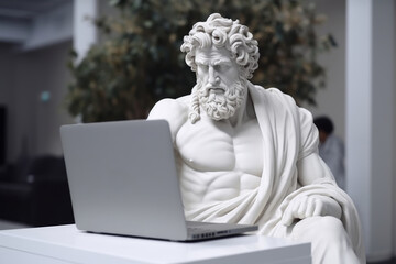 White sculpture of Zeus working on a laptop at the museum.