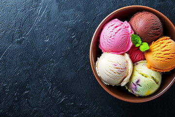 Bowl of different color ice cream on black background. Fruit ice cream and ingredients on black background. Top view copy space.