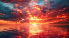 Vibrant Sunrise Scenery: Sun Peeking Through Clouds Over Lake, Sea, And Sky