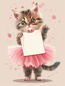 A cat in a pink tutu holding a sign.