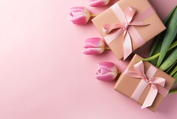 Wall Mural - Elegant flat lay of tulips and wrapped gifts on pink background