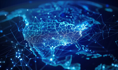 abstract digital blue outline of north america on a dark background.