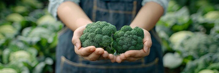 Wall Mural - Hand holding broccoli floret with selection on blurred background, copy space available