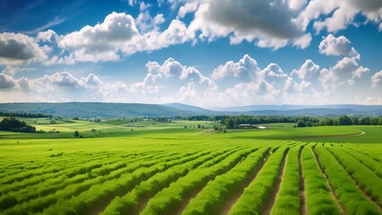 Canvas Print - Agriculture in Tuscany, Italy. Green field and blue sky, Panoramic photo of a beautiful agricultural view with pepper and leek plantations, AI Generated