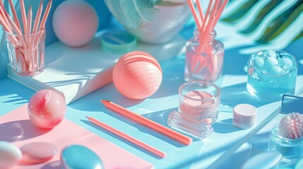 Flat lay composition with pastel stationery and decorative spheres on a blue male up background. 3D digital illustration of a creative workspace concept with copy space