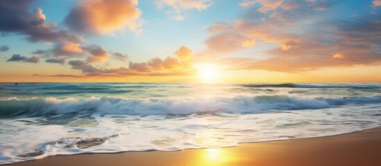 Poster - Serene Beach Sunset: Calm Waves, Colorful Horizon, and Silhouettes on the Shore