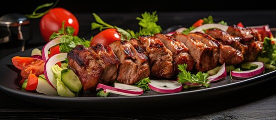 Aufkleber - Succulent Meat and Fresh Vegetables Arranged Beautifully on a Rustic Table Setting