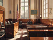 An animated depiction of a courtroom scene with desks, chairs, and the American flag creating an official atmosphere
