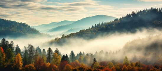 Poster - Majestic Mountain Peak Shrouded in Misty Forest with Pristine Nature Scene