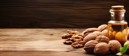 Poster - Rich walnut oil and whole walnuts on rustic wooden background - culinary and nutritious superfood concept