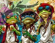 Three frogs are sitting together, each holding a drink. One of the frogs is wearing a hat and glasses. The image has a colorful and playful vibe