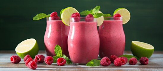 Poster - Vibrant Fruits Blend Together in a Refreshing Smoothie Creation with a Beautiful Gradient Background