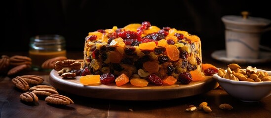 Poster - Vibrant Fruit and Nut Plate Arrangement on Wooden Table - Healthy Snack Choices