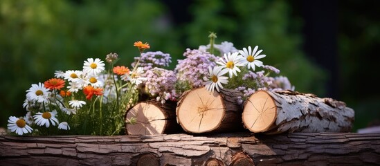 Aufkleber - Rustic Log Decorated with Vibrant Wildflowers, a Symbol of Tranquility and Nature's Beauty