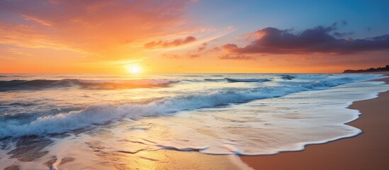 Poster - Tranquil Beach Setting with Majestic Sunset and Serene Ocean Waves