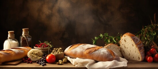 Poster - Rustic Farmhouse Table Setting with Fresh Bread, Grapes, and Delicious Food Selection