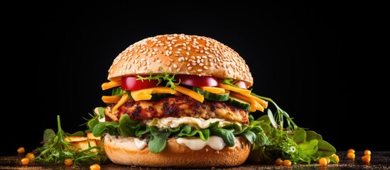 Poster - Sizzling American Classic Burger Loaded with Lettuce, Cheese, and Tomato on Dark Background