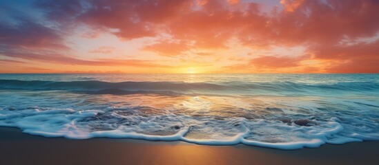 Poster - Serenity on Shore: Mesmerizing Beach Scene with Colorful Sunset Horizon