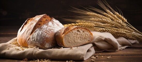 Poster - Rustic Bakery Concept: Freshly Baked Bread and Wheat Grains on Natural Wooden Surface
