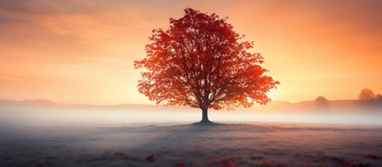 Aufkleber - Majestic Tree Silhouette Enveloped in Misty Fog as Sun Sets in the Background