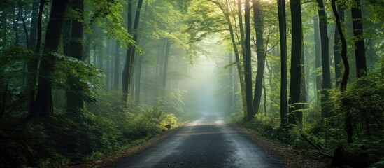 Poster - Serene Path through Lush Green Woodland: Tranquil Road Amidst Dense Forest Trees