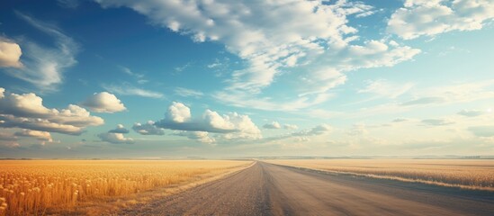 Poster - Rural Road Cutting Through Vast Golden Wheat Field Under Bright Blue Sky